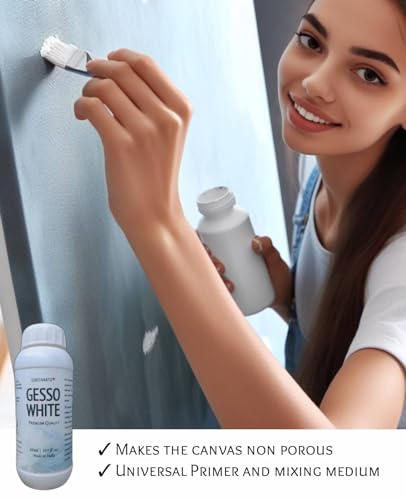 Image of GREENARTZ 250ml White Gesso Primer | Acrylic Base Coat for Canvas, MDF, Wood & Walls | Fast Drying, High Coverage, Smooth Matte Finish | Ideal for Artists & DIY Projects (400g)