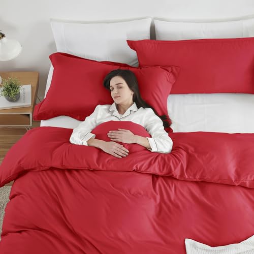 Image of Hearth & Harbor Red Duvet Cover Full Size, 3 Piece Bedding Set | Soft Double Brushed Bedding Set, Button Closure, 1 Duvet Cover 80x90 Inches, 2 Pillow Shams
