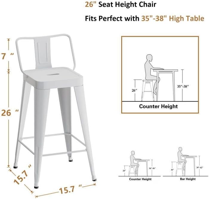 Miniatura 2 de WENTMENT Juego de 4 taburetes de bar de metal con respaldo extraíble de 26 pulgadas, color blanco