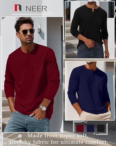 Neer 3 Pack Men's Big and Tall Henley T-Shirts L-5xl, Long Sleeve Cotton Pocket Oversized Tops Casual Soft Loose Basic Tees3