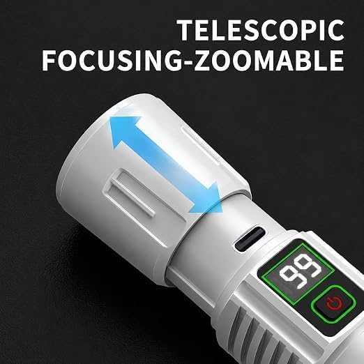 Image of TRENDING Rechargeable LED Flashlight with Side COB Work Light, Digital Battery Display, High /Low Beam, Flash & Red Blue Emergency Strobe, Hanging Hook Torch for Camping, Hiking, Car Repair (White)