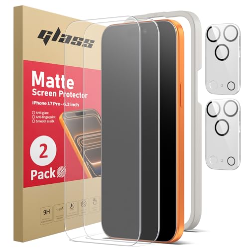 Ambison 2 Pack Matte Screen Protector for iPhone 17 Pro [0 Bubbles] + 2 Pack HD Camera Lens Protector, Anti Glare & Fingerprint, 9H Hardness Tempered Glass, Easy Installation Frame, Smooth as Silk