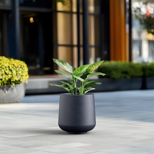 Image of Kante Accent Round Curved Charcoal Concrete Planter 13 inch Dia, Outdoor | Rubber Plug for Indoor, Drainage for Garden, All-Weather Cement Flower Pot, Handcrafted, Anti-Frost & UV, Modern Home Decor