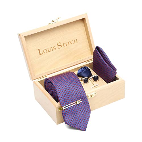 Image of LOUIS STITCH Mens Silk NeckTie Golden Tiepin Gift Combo Set With Pocket Square Cufflinks Brooch Tie Golden Tiepin (Suit Accessories) (Britain)