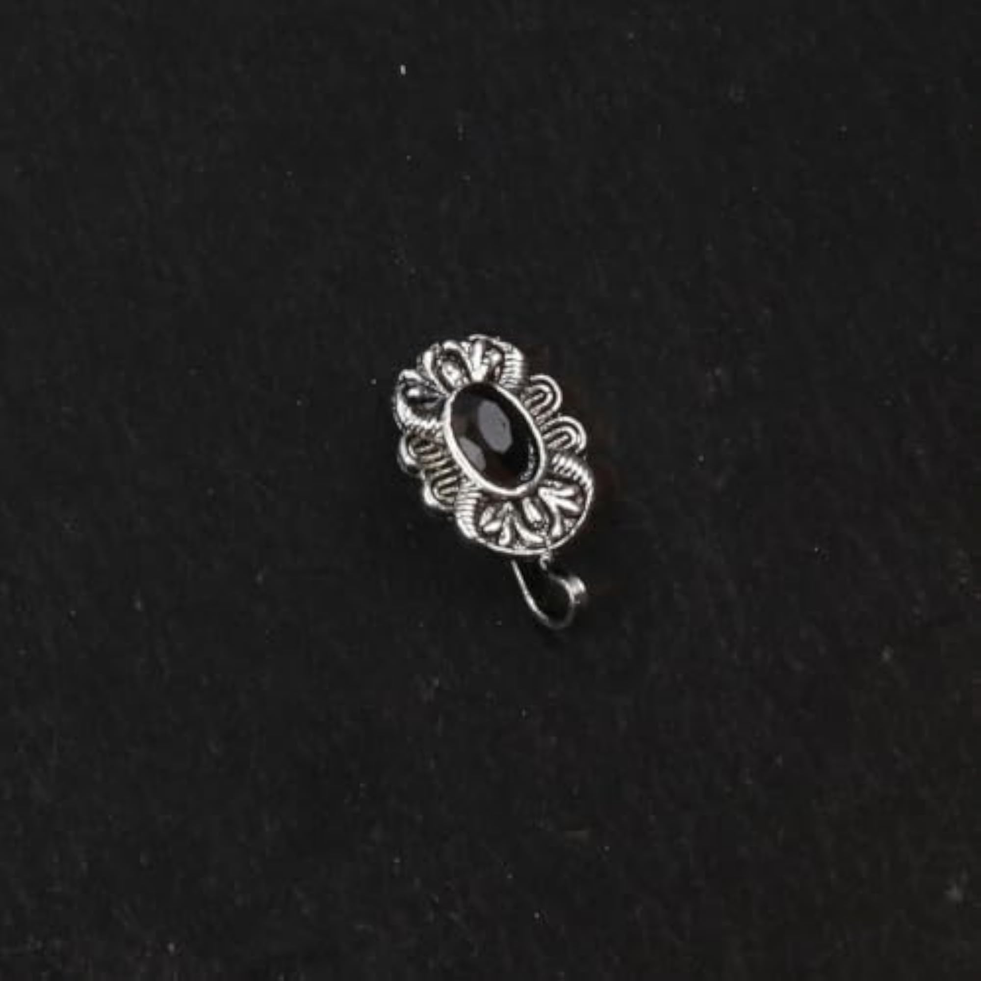 Women's Black Colour Silver Oxidized Tone Studs Nose Pin, Clip-On Design