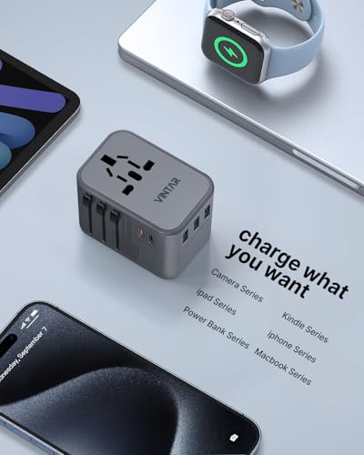 Image of Universal Travel Adapter, VINTAR 35.5W International Power Adapter with 3 USB A QC and 2 USB C PD, All in One Plug Adapter Worldwide Travel Essentials for EU /UK /USA /AUS(Type C /G /A /I), Silver