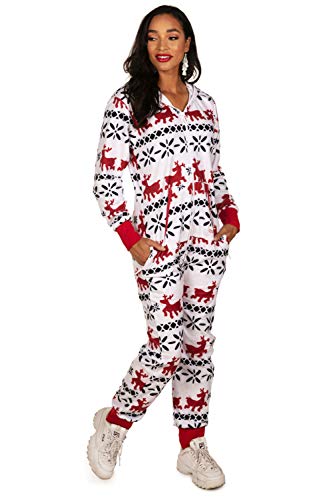 Tipsy Elves' Women's Red and White Fair Isle Jumpsuit - Cozy Classic Colors Holiday Onesie Size Small