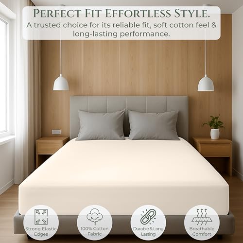 Image of Royale Linens 100% Organic Cotton Full Fitted Sheet Only - Percale Weave - Super Soft Deep Pocket Bottom Sheets - Cream Elastic Sheet - Full Size Fitted Sheets Only - (54 inchx75 inch+15 inch, Cream)