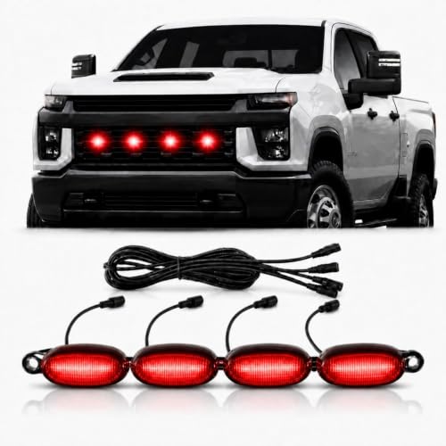 Image of Car Front Grill Set of 4 Pcs Universal Smoked Shell Style DRL Emergency Warning Off-Roading Lights (4 X 4) for All Cars, Vans, SUV, Trucks (Red)