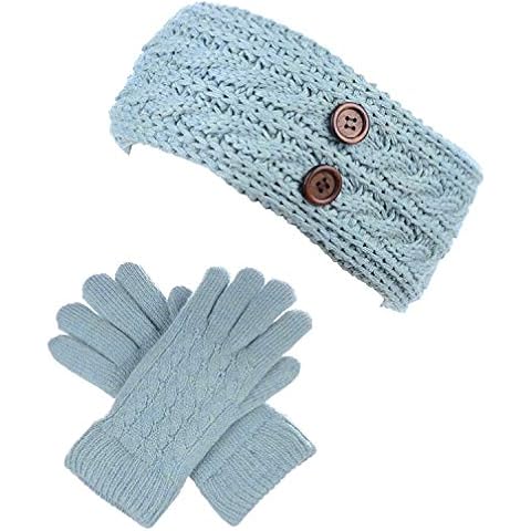 Accessory Necessary Winter Solid Warm Fleece Lined Knit Gloves & Headband 2-piece Set (Pastel Blue) Cover