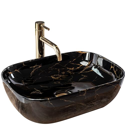 Rea LAVABO SOBRE ENCIMERA BELINDA MÁRMOL NEGRO BRILLANTE Lavabo de Baño 465 x 330 x 135 mm en Cerámica (Negro brillo, imitación mármol)