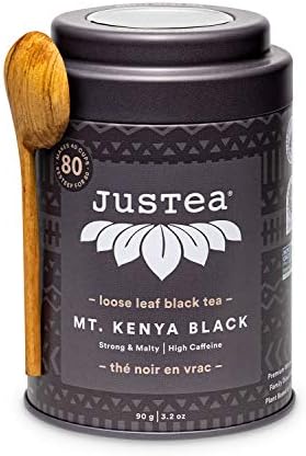 JusTea MT. KENYA BLACK | Loose Leaf Black Tea | Tin with Hand Carved Tea Spoon | 40+ Cups (3.2oz) | High Caffeine | Award-Winning | Fair Trade | Non-GMO