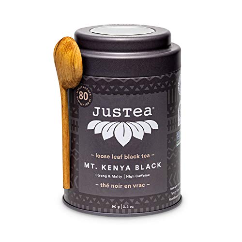 Justea Mt. Kenya Black | Loose Leaf Black Tea | Tin With Hand Carved Tea Spoon | 40+ Cups (3.2Oz) | High Caffeine | Award-Winning | Fair Trade | Non-Gmo #TOP22