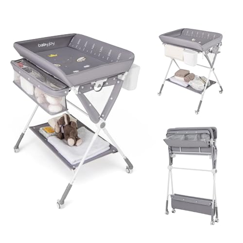 COSTWAY Fasciatoio Pieghevole per Bambini, Fasciatoio Portatile con Altezza Regolabile a 3 Livelli, Fasciatoio Neonato con Ruote di Bloccabili, Ripiano, Porta Asciugamani, Cestino di Rifiuti (Grigio)