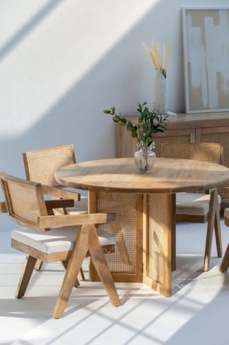 Image of Round Mango Wood Dining Table 4 Seater for Dinning Room, Living Room & Home Decor, Natural Colour, (120D x 120W x 76H Centimeters) (Only Dining)