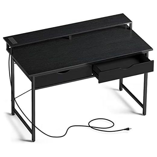 Rolanstar Computer Desk with 2 Drawers and Power Outlet, 47" Home Office Writing Desk with Monitor Stand, Workstation Table with Stable Metal Frame, Black
