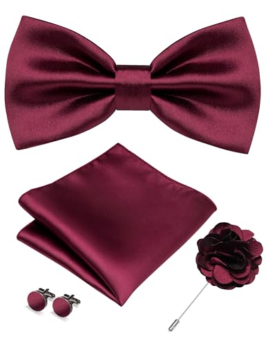 Image of RBOCOTT Solid Color Bow Tie and Pocket Square with Lapel Pin Cufflinks Set 4PCS