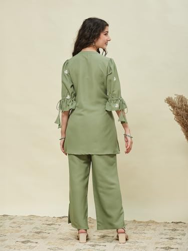 Image of Girls Floral Embroidered Kurta and Palazzo Pants Co-ord Set with V Neck Elegant Traditional Outfit for Festive and Functions
