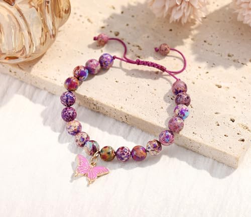 Birthday Bracelet for 6-18 Years Old, Purple Natural Stone Butterfly Charm Bracelet, Gift for Daughter Granddaughter Niece Niece Teenage Girl Holiday Bracelet Gift2