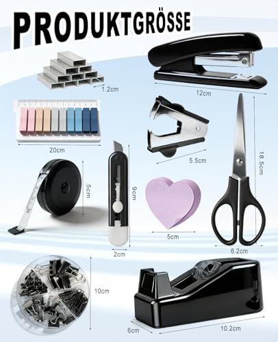 Büroartikel Set, Schreibtisch Set, Schreibtischzubehör 10 Kit, Mit Entklammerer,1 Schachteln von 1000 Heftklammern,Abroller, Schere, Bandmaß, Allzweckmesser, Clip, Haftnotizen