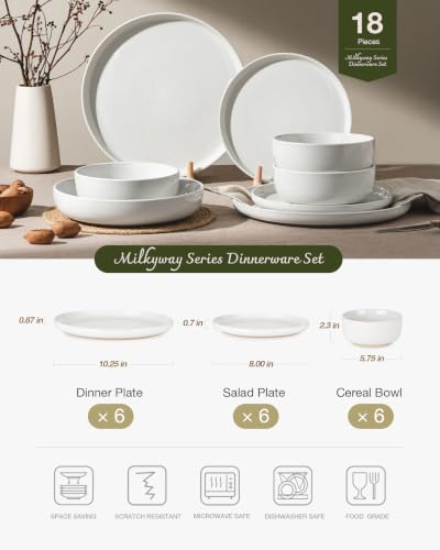 Image of Famiware Milkyway Plates and Bowls Set, 18 Pieces Dinnerware Sets, Dishes Set for 6, White