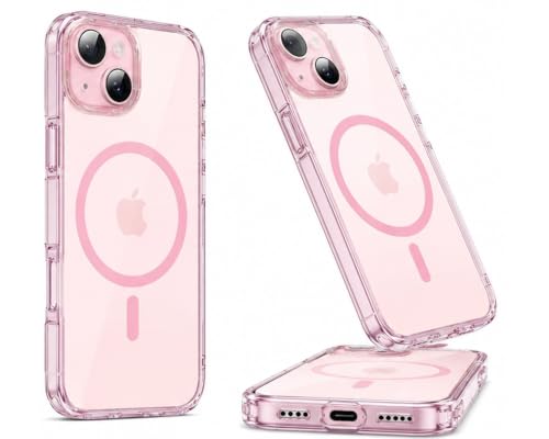 Image of Elzzi Translucent Clear Back Cover Compatible with iPhone 15, PC Shockproof Scratch Resistant, Non-Yellowing, Support Mag-Safe Wireless Magnetic Charging Case - Pink