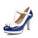  Lizoleor Damen Mary Jane Trichterabsatz Runde Zehen Lack Pumps Bogen Knöchelriemchen Höhe Ferse Sweet Sommer Abend Schuhe Royal-Blau Gr 39 EU/40Cn