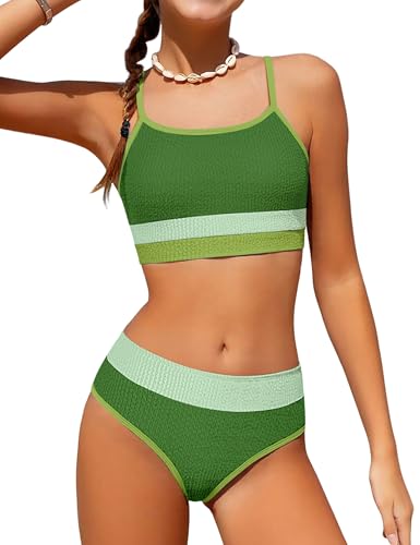 Image of Girls Bathing Suit Color-Block Adjustable Straps Bikini Sets Girls Two Piece Swimsuits with Chest Pad Swimwear 7-18T