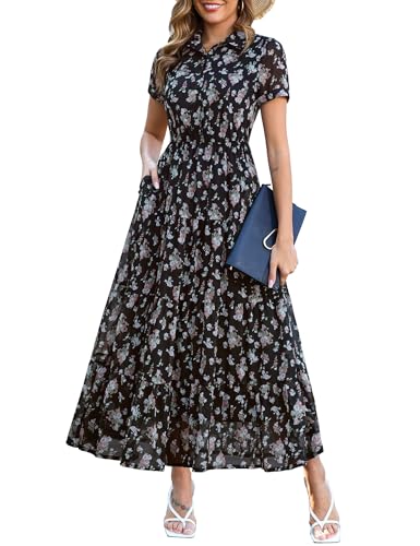 Image of Kranda Women 2026 Summer Collared V Neck Short Sleeve Button Down Chiffon Long Tiered Floral Maxi Dress with Pockets