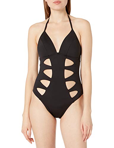 Kenneth Cole New York Women's Cut Out Halter One Piece Swimsuit, Black // Sexy Solids, Medium