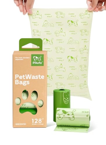 Pikoto Green Dog Poop Bags - 128 Count, 60% Recycled Plastic Unscented Dog Poop Bags - Easy-Peel Sticker, Leak-Proof, Extra Strong & Thick - Perfect for Diapers, Cat Litter (8 Rolls)