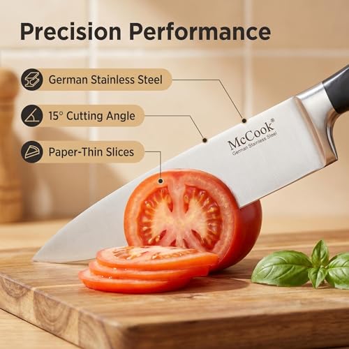 Image of McCook Knife Sets,German Stainless Steel Kitchen Knife Block Set with Built-in Sharpener, 15-Piece Razor-Sharp Kitchen Knives, Forged Triple Rivet,Full Tang,Ergonomic Handle,Elegant Box for Gift