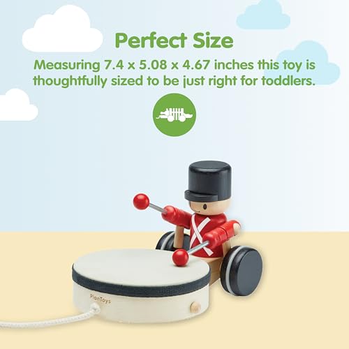 Image of PlanToys Wooden Pull Along Drummer | Musical Toy that Encourages Rhythm, Coordination & Focus | Montessori Eco-Friendly Educational Toy for Active & Imaginative Play