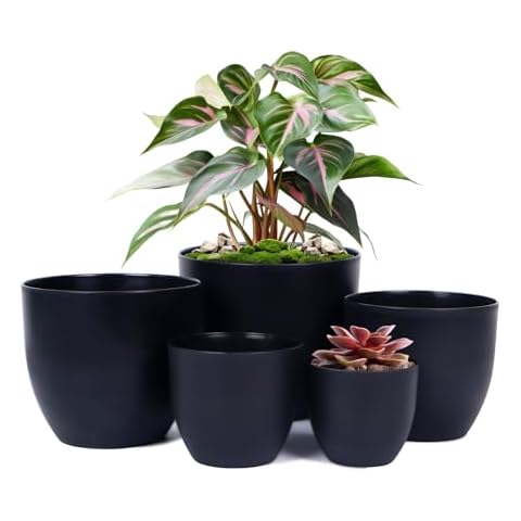 Vodotion Flowerpot，Set of 5 Psc Plant Pots with Drainage - Decorative Flower Pots for Indoor & Outdoor Plants, Ideal for Succulents, Flowers, and Herbs (7.5/6.7/5.9/4.7/3.9 Inch)，Black Cover