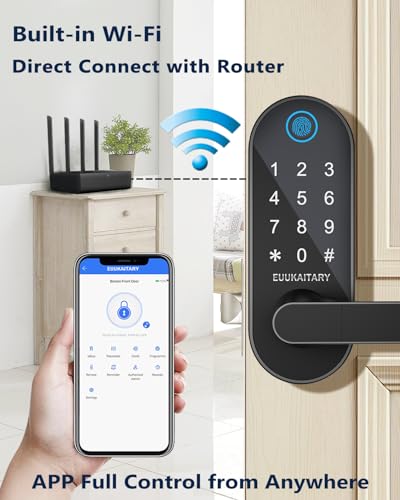 Image of Fingerprint Door Lock, Keyless Entry Door Lock, Smart Lock with Handle for Front Door and Bedroom, WiFi Remote Control, Electronic Digital Keypad with Knob, Auto-Lock