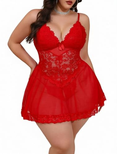 Image of Alrovetoney Women Plus Size Babydoll Lingerie Lace Chemise Mesh Sleepwear Strappy Sexy Nightgown Boudoir Outfit L-4XL