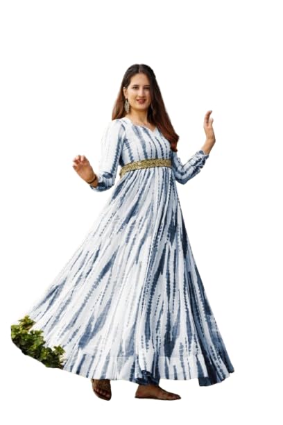 kanjari Women's Regular Fit Full Length Georgette Beautiful Shibori Printed Gown Dress with Elegant Design for Wedding, Parties, Traditional, Festivals, Family Functions (Blue, 2XL)-picture-15