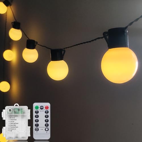Guirnalda de luces LED de 23.8 pies, funciona con pilas, 20 luces LED tipo globo, cadena de luces Edison G50 inastillables con temporizador remoto, luces blancas cálidas de Navidad para dormitorio