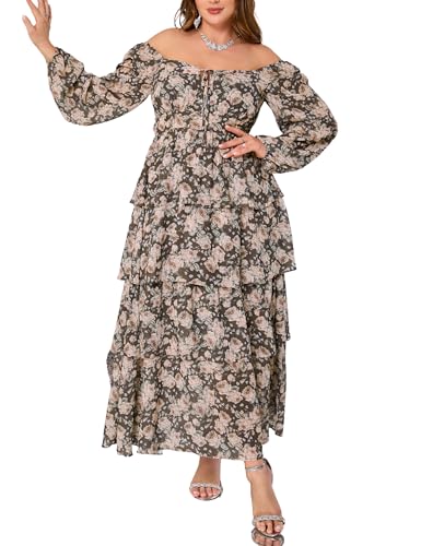 Image of EYWOL Womens Plus Size Floral Tiered Ruffle Long Sleeve Evening Party Wedding Guest Dress