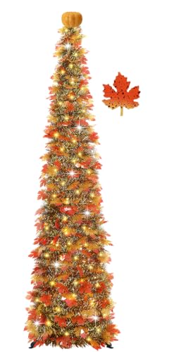 SINTENILL 6 FT Pop Up Fall Tree with 100 LED Timer Lights & Pumpkin, Collapsible Maple Leaves Tinsel Thanksgiving Tree for Home Office Apartment Porch Autumn Christmas Holiday Decoration