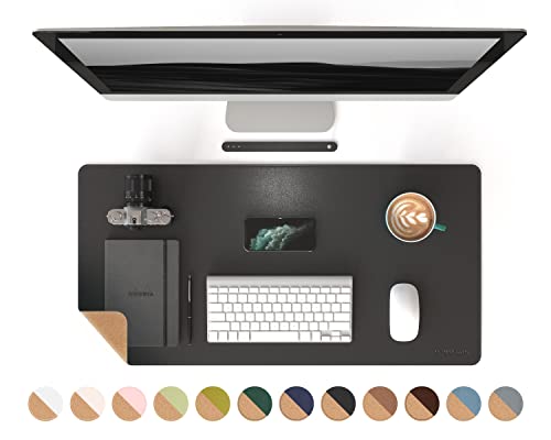 RENMTURE Dual-Sided Desk Pad, Natural Cork & PU Leather Large Mouse mats for Office and Home Work, Desk Protector Non-Slip, Waterproof, Easy Clean (Black, 32"x16")