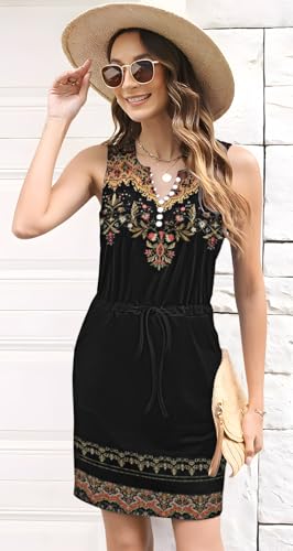 Image of ETCYY Womens Summer Casual Dresses Sleeveless Beach Vacation Sundresses Drawstring Waist Short Striped Dress with Pockets