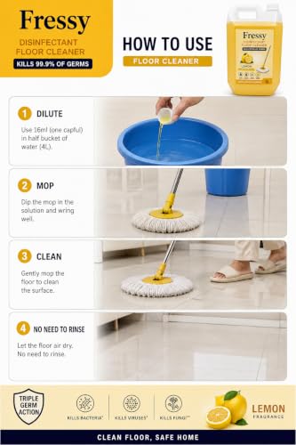 Image of Disinfectant Floor & Surface Cleaner | Lemon Fresh | 5 Litre | Kills 99.9% Germs | Multi-Surface - Bathroom, Ceramic, Marble, Granite, Mosaic