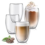 Doppelwandige Kaffeegläser, Cappuccino Tassen 4er Set 350ml, Transparente Latte Macchiato Gläser, Cappuccino Gläser Geeignet für Tee, Kaffee, Milch, Saft und Andere Getränke