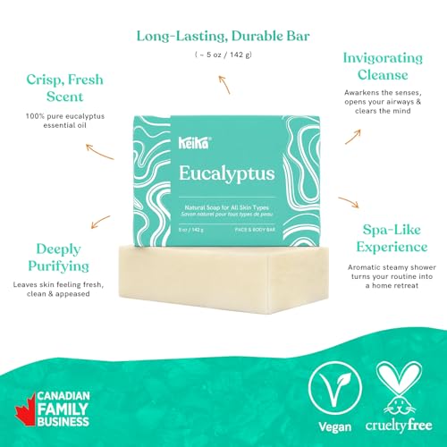 Image of Keika Eucalyptus Soap Bar for Face & Body, Natural Refreshing Spa Bath & Shower Cleanser, 5 oz.