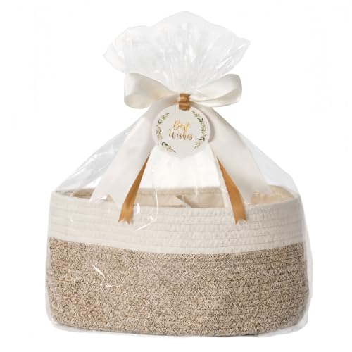 Image of Diaper Caddy Organizer, Empty Gift Basket with Gift Wrap for Newborn Essentials, Baby Storage Basket, Stylish Gift Bag for Baby Shower, Boys and Girls - Small, White&Beige Brown
