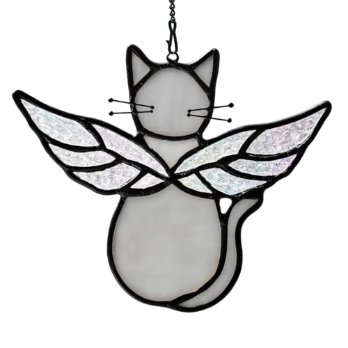 HAOSUM Gray Cats Gifts for Cats Lovers Suncatcher for Window,Angel Cat Memorial Gifts Stained Glass Window Hangings,Cat Loss Memorial Gifst for Women