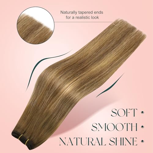 Image of Easyouth 22 Inch Sew in Hair Extensions Real Human Hair Balayage Human Hair Weft Extensions Dark Brown Fading to Caramel Blonde Mix Brown Hair Weft Extension Add Length and Volume 100G