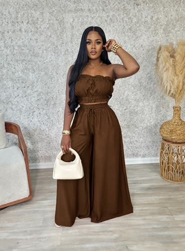 Image of Two Piece Sets for Women Summer Outfits Crop Tops and Wide Leg Pants Sets Sexy Jumpsuits Vacation Outfits with Pockets