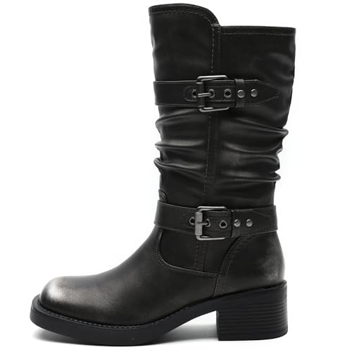 Image of GLOBALWIN Chunky Mid Calf Fashion Dressy Motocycle Biker Military Style Combat Boots for Women Low Heel